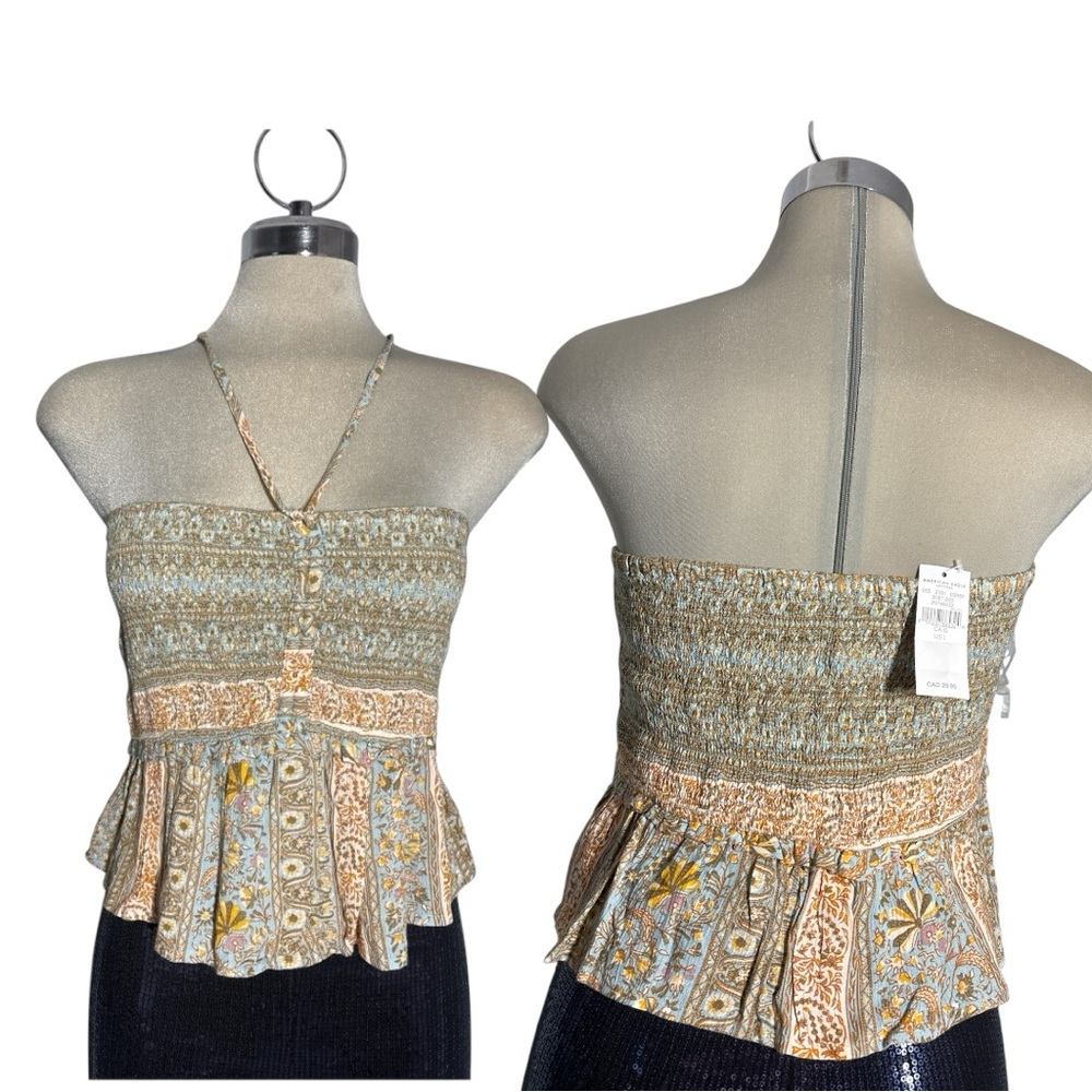 American Eagle Outfitters Strapless Crop Top - Green and Brown Size L